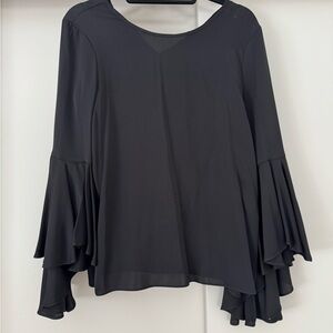 Black Blouse with Bell Sleeves and Ruffled Asymmetrical Design